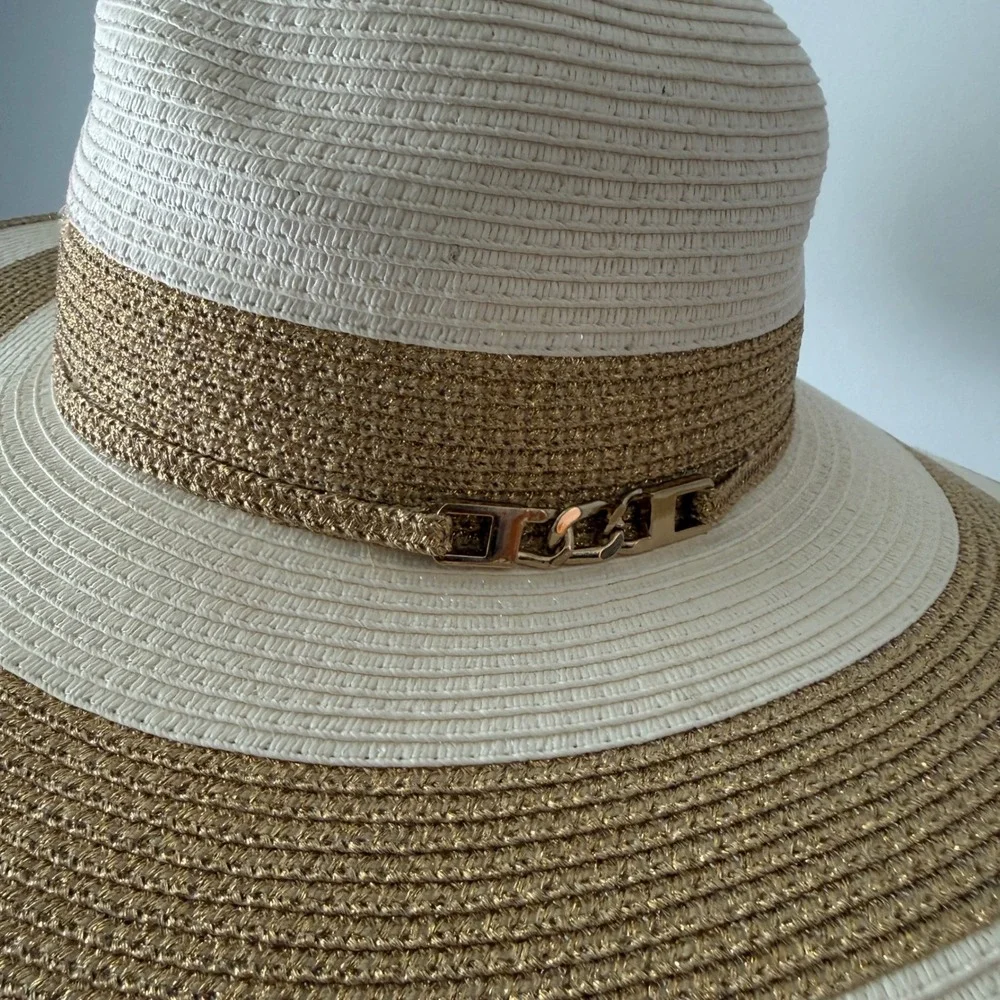 Scala OS White Gold Sun Hat Wide Brim Striped Metallic Chain Detail Beach Summer